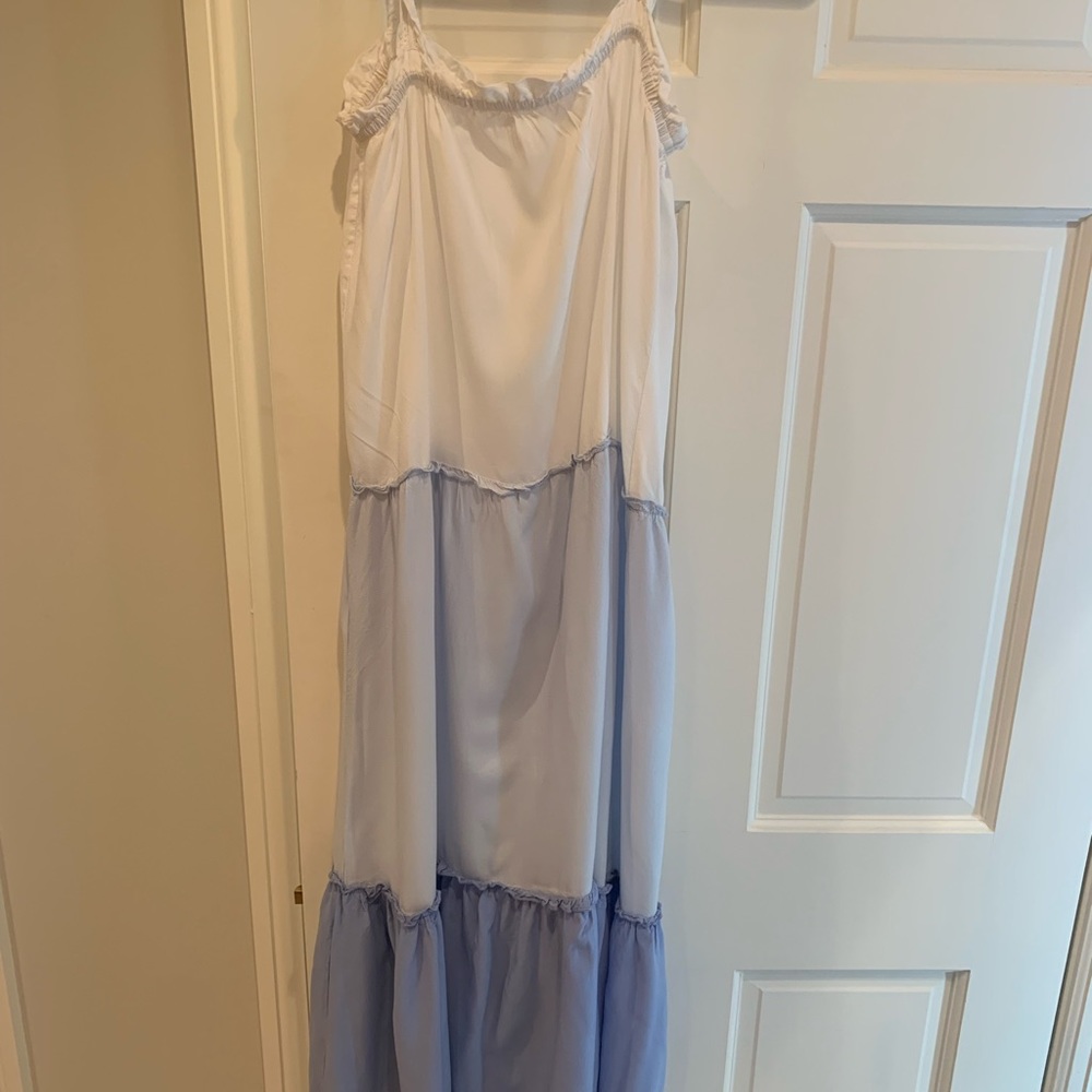 Bindu three tier three color blue and white maxi dress with tie shoulders